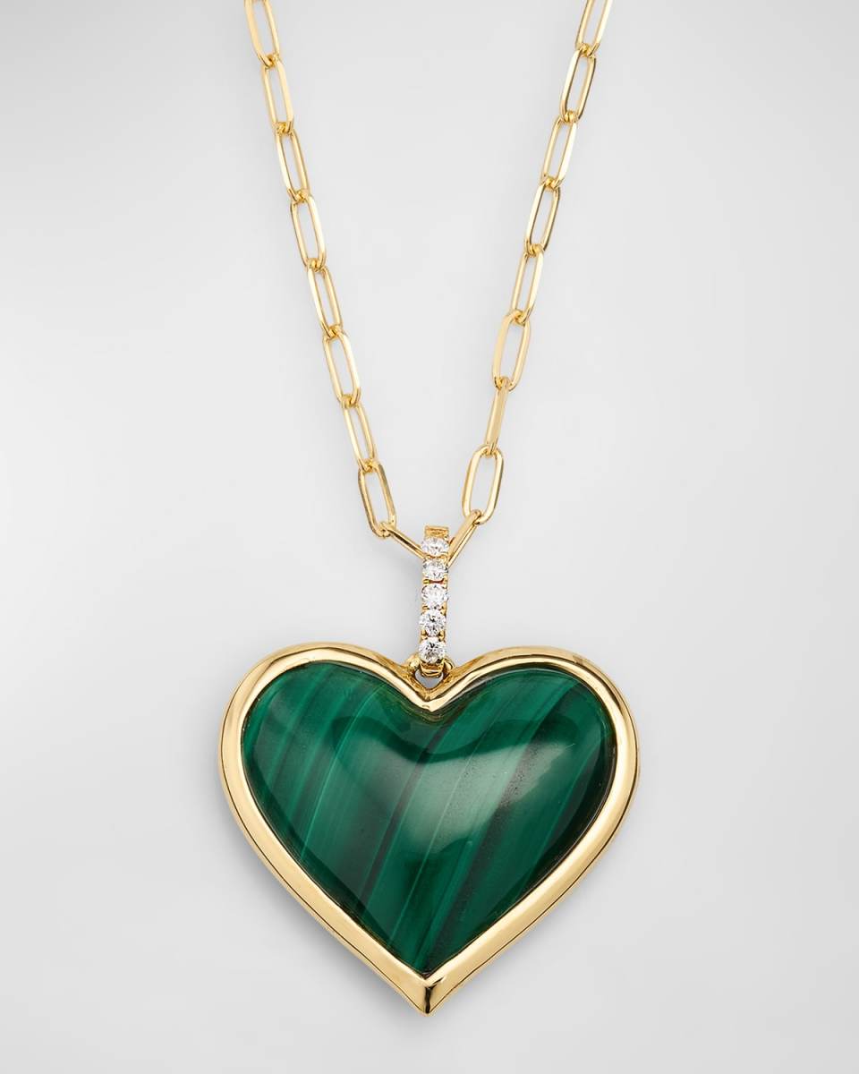 18K Yellow Gold Small Luna Malachite Heart Pendant Necklace with Diamond Bale